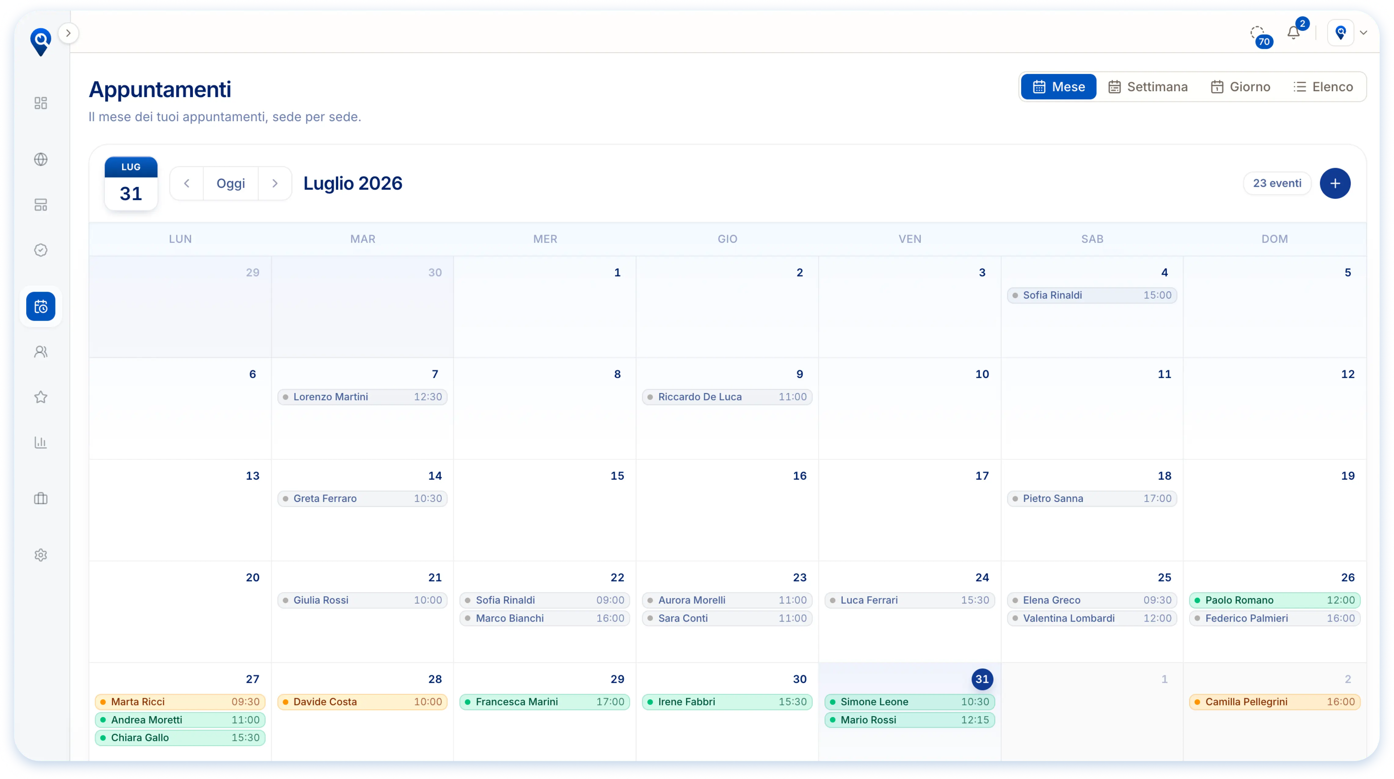 Schermata dell'agenda Trova Ottico con appuntamenti filtrabili per singolo store